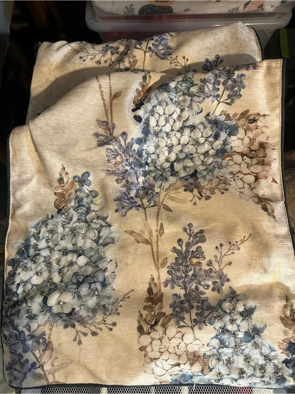 Floral Hydrangea beaded table runner in Cream, tan and Blue